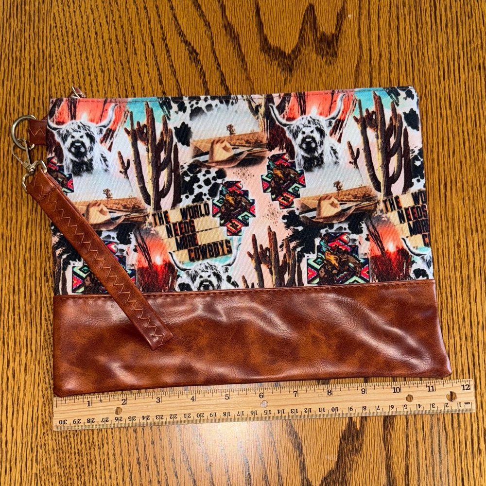 Western Themed Clutch with Brown Leather Accent